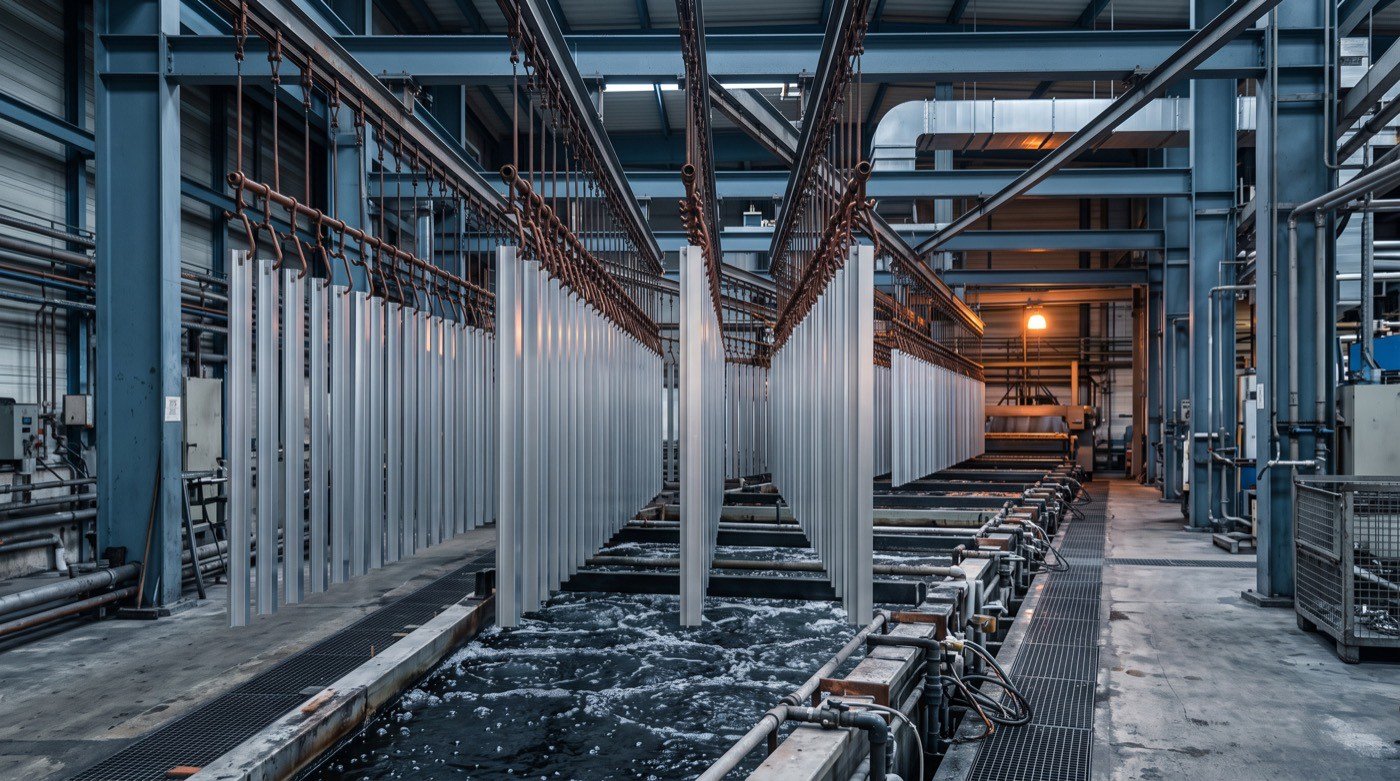Aluminum profiles hanging from copper jigs above an anodizing tank