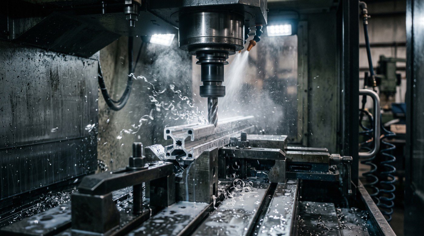 CNC machining centre cutting an aluminum extrusion profile