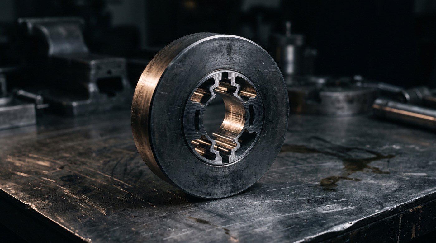 Hardened steel aluminum extrusion die with a machined profile aperture, on a workshop bench