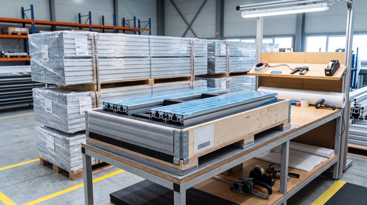 Finished aluminum profiles packed in a crate with protective film and labels