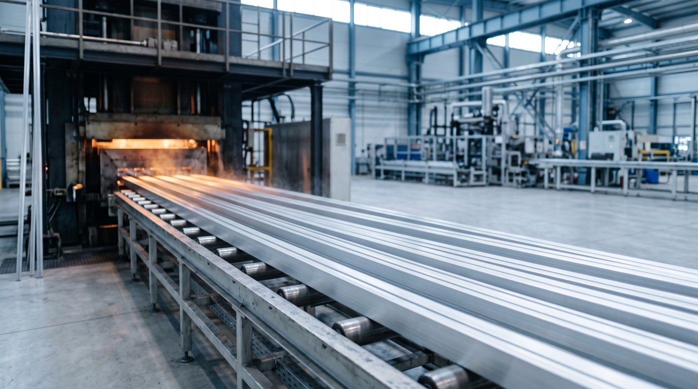 Freshly extruded aluminum profiles leaving the press onto the run-out table
