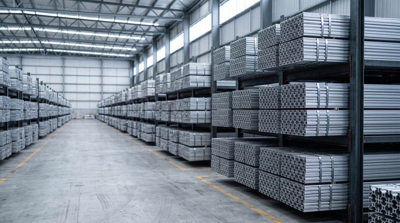 Bundled standard aluminum extrusion profiles stacked on warehouse racking